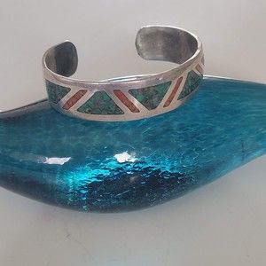 Vintage Navajo Sterling Silver Turquoise Coral Cuff Bracelet